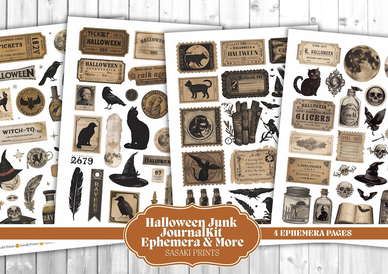 May include: Four pages of Halloween-themed ephemera with vintage illustrations. The pages feature tickets, stamps, and labels with images of black cats, ravens, witch hats, and skulls. The text "Halloween Junk Journal Kit Ephemera & More" is displayed on a brown banner.