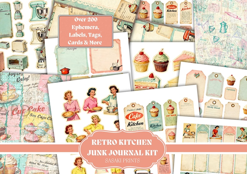 Retro Kitchen Junk Journal Kit Printable, 50s Baking Ephemera Pack ...