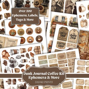 Könnte beinhalten: Eine Sammlung von Ephemera, Etiketten und Tags im Vintage-Stil mit Kaffeethema. Das Bild enthält Kaffeetassen, Kaffeeladenschilder, Tickets und andere dekorative Elemente. Text enthält "Over 200 Ephemera, Labels, Tags & More" und "Junk Journal Coffee Kit Ephemera & More".