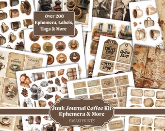 May include: A collection of vintage-style ephemera, labels, and tags with a coffee theme. The image includes coffee cups, coffee shop signs, tickets, and other decorative elements. Text includes "Over 200 Ephemera, Labels, Tags & More" and "Junk Journal Coffee Kit Ephemera & More".
