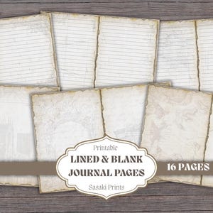 May include: A collection of printable journal pages with lined and blank designs. The pages have a vintage, aged appearance with torn edges and a sepia tone. The image includes the text "Lined & Blank Journal Pages" and "16 Pages".
