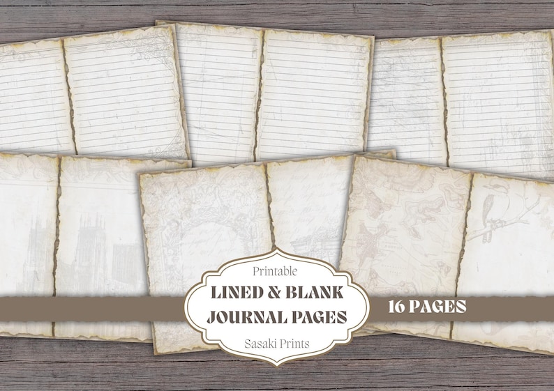 May include: A collection of printable journal pages with lined and blank designs. The pages have a vintage, aged appearance with torn edges and a sepia tone. The image includes the text "Lined & Blank Journal Pages" and "16 Pages".