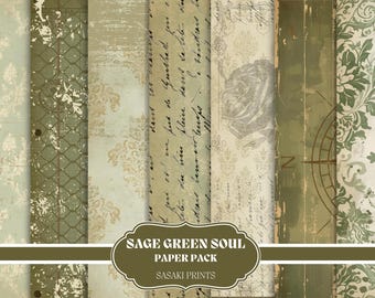 May include: A selection of sage green paper sheets featuring vintage designs. The designs include floral patterns, script, and a compass rose. The words "SAGE GREEN SOUL PAPER PACK" are displayed on a banner.