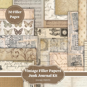Peut inclure: Un ensemble de papiers de remplissage vintage pour journaux de rebut. Les papiers présentent une variété de motifs, notamment des papillons, des partitions musicales et des publicités anciennes. La palette de couleurs est principalement beige, marron et crème, avec des accents gris et noirs. Le texte "30 Filler Pages" est visible.