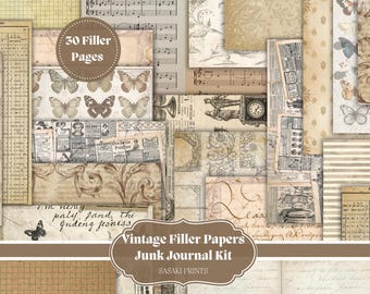 Vintage Filler Pages – Junk Journal Kit | 30 Printable Pages | Vintage Ephemera for Scrapbooking, Collage, Card Making & DIY Crafts