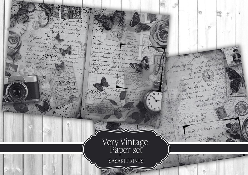 May include: A grayscale image of a vintage paper set with butterflies, roses, and handwritten script. A camera and pocket watch are also visible. The text "Very Vintage Paper set" is displayed on a black label.