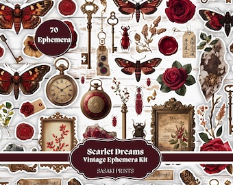Vintage Ephemera Kit – Scarlet Dreams Dark Red Ephemera Pack for Junk Journals, Scrapbooking, Collage, DIY Crafts, Digital Download, Prints