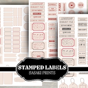 Stamped labels for junk journaling, scrapbooking, and vintage crafts. Printable mini tags in black, white, kraft, and red. Perfect for DIY projects, planners, and mixed media art. Instant download.