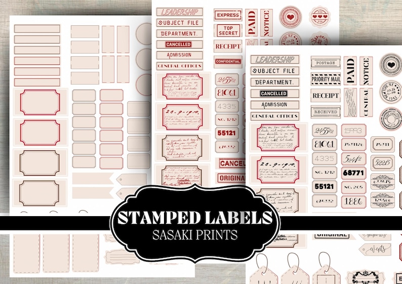 Stamped labels for junk journaling, scrapbooking, and vintage crafts. Printable mini tags in black, white, kraft, and red. Perfect for DIY projects, planners, and mixed media art. Instant download.