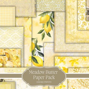 ジャンクジャーナル用紙：メドウバターイエローページ、スクラップブッキング、ヴィンテージペーパー、ボタニカルジャンクジャーナルキット、春のデジタルペーパー