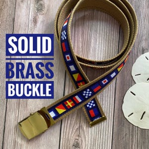 Nautical Signal Flag Belt with Solid Brass Buckle and Adjustable Sizing on Khaki Webbing