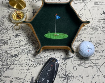 Valet Tray Leather Golf Design Embroidered Suede Lining Gift for Golf Lover