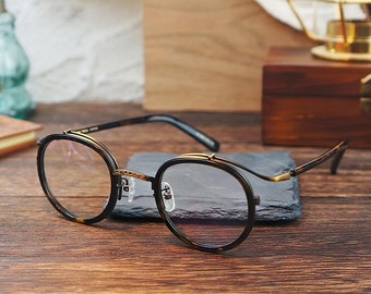 Handgefertigte Vintage Metallrahmen Brille - Schwarz & Bronze Dünne Brille, runde Brille