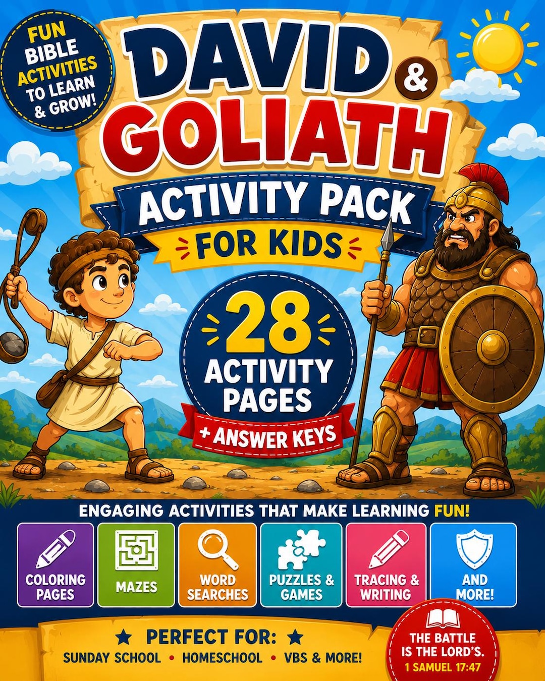 David and Goliath Activity Pack Bible Worksheets Sunday School Kids ...