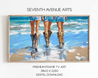 May include: A digital painting of three women wearing blue denim shorts and brown boots walking on a beach. The painting is in a light blue and brown color scheme. The painting is titled "SEVENTH AVENUE ARTS" and is a premium frame TV art, 3840 x 2160, digital download.