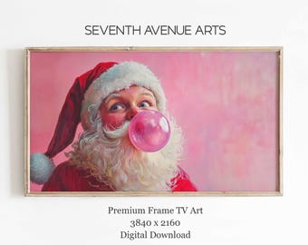 May include: A digital painting of Santa Claus with a pink bubblegum in his mouth. He is wearing a red suit with a white beard and a red hat. The background is a light pink color.
