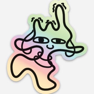 May include: A sticker featuring a whimsical, abstract design. The artwork showcases a black, continuous line drawing of a smiling face with eyes and curly elements. The background has a gradient of pastel colors, including pink, yellow, and green.