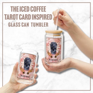 Tarot Inspired Iced Coffee Can Shaped Glass with Bamboo lid and Straw , 16oz