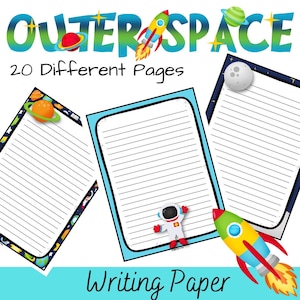 Könnte beinhalten: Ein Satz von 20 bedruckbaren Schreibpapierblättern mit Weltraumthema. Die Seiten zeigen Illustrationen von Planeten, Raketen, Astronauten und Sternen. Der Text "Outer Space" und "20 Different Pages" wird oben im Bild angezeigt. Der Text "Writing Paper" wird unten im Bild angezeigt.
