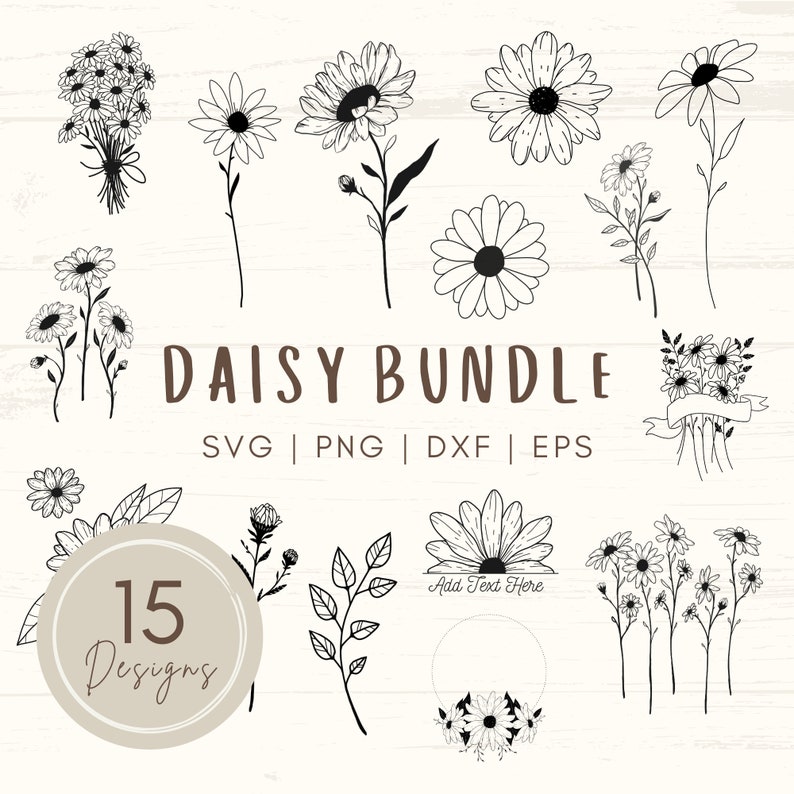 Daisy SVG | Daisy Svg Bundle | Wildflower Svg | Botanical svg | Daisy Flower Clipart | Floral Svg | Daisy Clipart | Birth Month Svg | Daisy SVG bundle comes with 15 hand-drawn designs. You can use them with Cricut, Silhouette, and other cutting machines. Perfect for mugs, tumblers, t-shirts, stickers, wall art, vinyl projects, cards, scrapbooking, tote bags. Available in SVG, PNG, EPS, and DXF formats. Can also be used as daisy clipart, invitation cards, greeting cards, posters, scrapbooks.