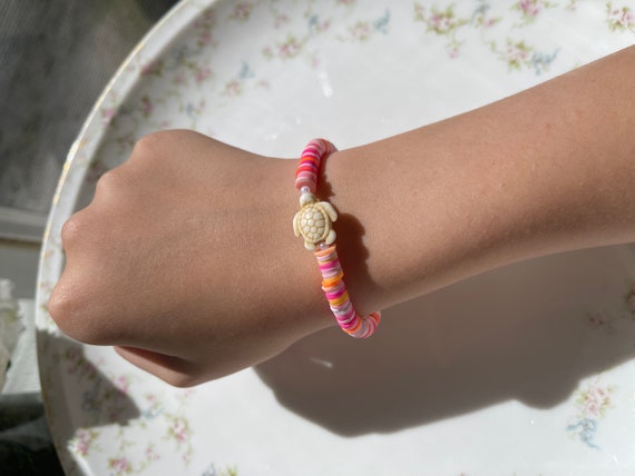 Pink Mix Clay Bead Bracelet With Turtle Bead Pearl Beads
