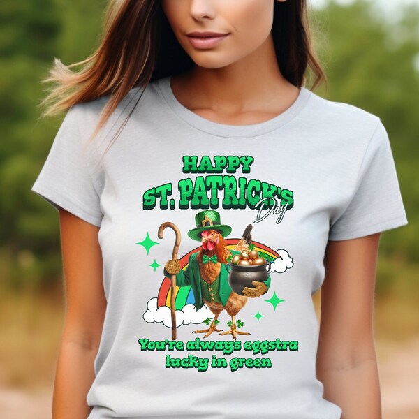 St. Patricks Day Chicken Tshirt, Rooster Tshirt, Cockerel Tshirt,Chicken Tshirt, Hen shamrock,Leprechaun tshirt, Eggstra lucky chicken lepre