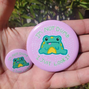 May include: Two round, light purple buttons with a cartoon frog design. The frog is green and yellow, with the text "I'M NOT DUMB I JUST LOOK IT" in white. One button is larger than the other.