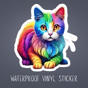 Rainbow Cat Water Resistant Vinyl Sticker, Rainbow Cat Sticker, Bright Cute Cat, Cat Water bottle Sticker, Cute Animal Sticker