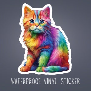Rainbow Cat Water Resistant Vinyl Sticker, Rainbow Cat Sticker, Bright Cute Cat, Cute Rainbow Kitten Sticker