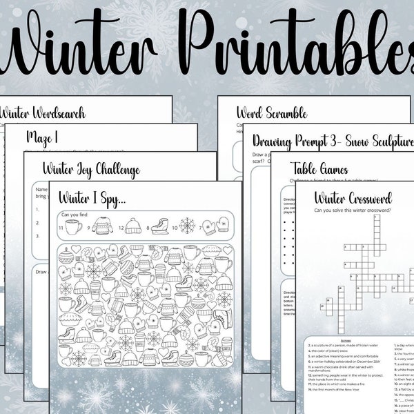 Coordinated Winter Printable Activity Sheets, Winter Activity Sheet Set, Winter Mazes, Wordsearch, Crossword, Gratitude Activity, and More