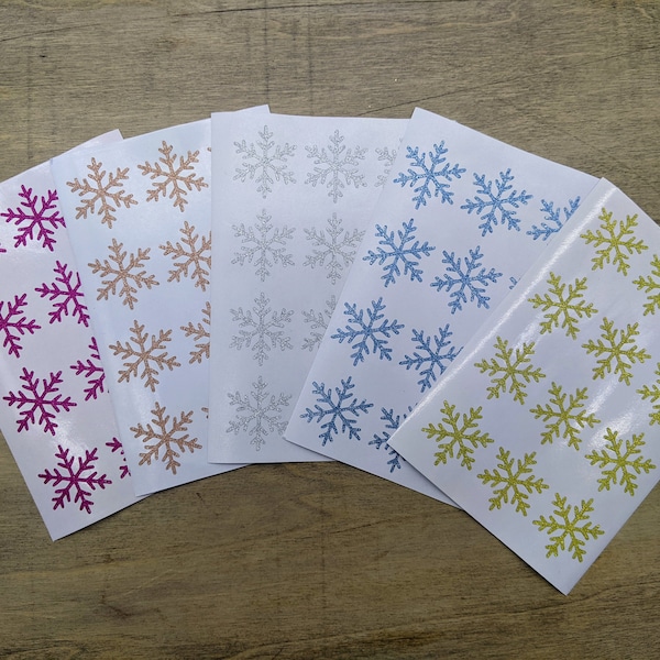 One Inch Glitter Vinyl Snowflake Sticker Sheet, Gold, Silver, Blue, and Pink Glitter Snowflake Stickers, Glitter Christmas Holiday Stickers