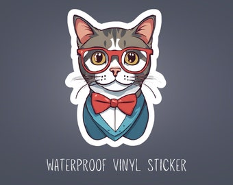 Cat with Bowtie Sticker: Hipster Animal, Water-Resistant Vinyl