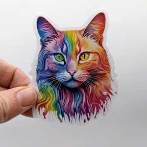 Artistic Rainbow Cat Water Resistant Vinyl Sticker, Rainbow Cat Sticker, Bright Cute Cat, Cat Water bottle Sticker, Adorable Animal Sticker