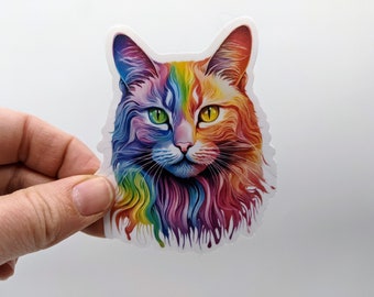 Artistic Rainbow Cat Water Resistant Vinyl Sticker, Rainbow Cat Sticker, Bright Cute Cat, Cat Water bottle Sticker, Adorable Animal Sticker