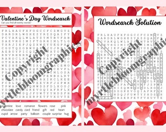 Valentine's Day Word Search Puzzle with Answer Key (PDF Download)
