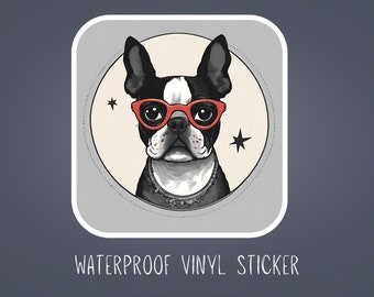 Hipster Boston Terrier Sticker: Water-Resistant Vinyl Dog with Glasses