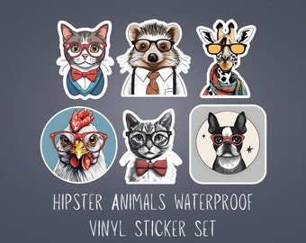 Hipster Animal Stickers: Water-Resistant Vinyl Laptop Decals - Set of 6