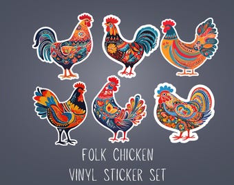 Folk Art Chicken Vinyl Sticker Set: Colorful Homestead Decor