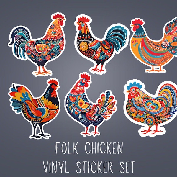 Ensemble d'autocollants en vinyle d'art folklorique de poulet : décoration de ferme colorée