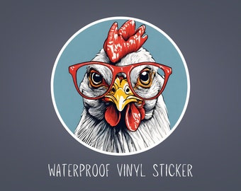 Hipster Chicken Water Resistant Vinyl Sticker, Cute Chicken with Glasses Sticker, Hipster Chicken Sticker, Cute Animal Laptop Sticker
