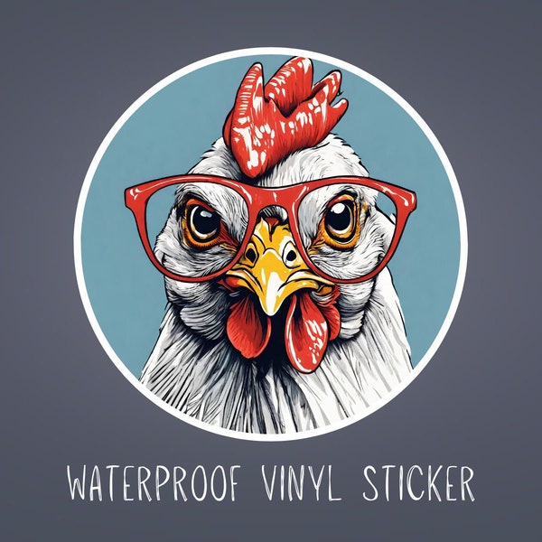 Hipster Chicken Water Resistant Vinyl Sticker, Cute Chicken with Glasses Sticker, Hipster Chicken Sticker, Cute Animal Laptop Sticker