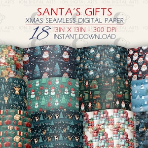 18 Seamless Christmas Digital Paper Pack, Santa Paper, Gifts Paper, Christmas Festive Texture Background, Christmas Scrapbook Papers.