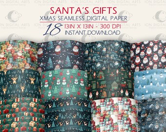 18 Christmas Seamless Paper Textures: Santa, Gifts (Digital Download)