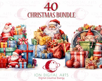 Watercolor Christmas Clipart: Santa, Gifts, Elves (PNG, Commercial Use)