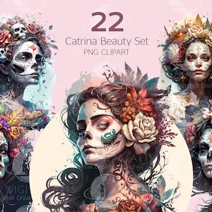 Beauté Catrina, jour des morts PNG Clipart jour des morts Art, crâne de sucre floral, lot mexicain d'Halloween. Utilisation commerciale pour le POD