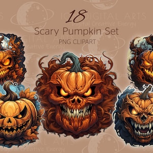Scary Halloween Pumpkin Clipart: 18 Eerie PNG Images (Digital Download)