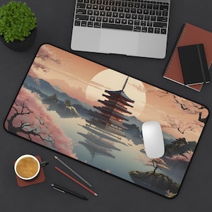 Serene Pagoda Sunset Desk Mat/Japanese Landscape Mouse Pad/Asian Art Mouse Pad/Anti-Slip Mouse Pad/Gaming Mouse Pad