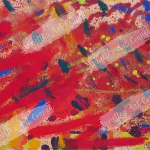 May include: Abstract painting with bold strokes of red, yellow, blue, and black paint. The background is a light beige color.