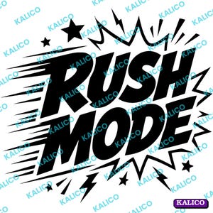 Pode incluir: Um design gráfico preto sobre fundo branco com o texto em negrito RUSH MODE numa fonte estilo banda desenhada. O design inclui linhas de movimento à esquerda, contornos de balões de fala serrilhados e várias estrelas e raios pretos.
