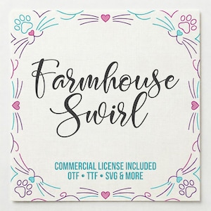 May include: A square, off-white graphic with the words "Farmhouse Swirl" in elegant black script. The design is framed by a decorative border featuring cat paw prints, whiskers, and hearts in teal and purple. The text "COMMERCIAL LICENSE INCLUDED" is also present.